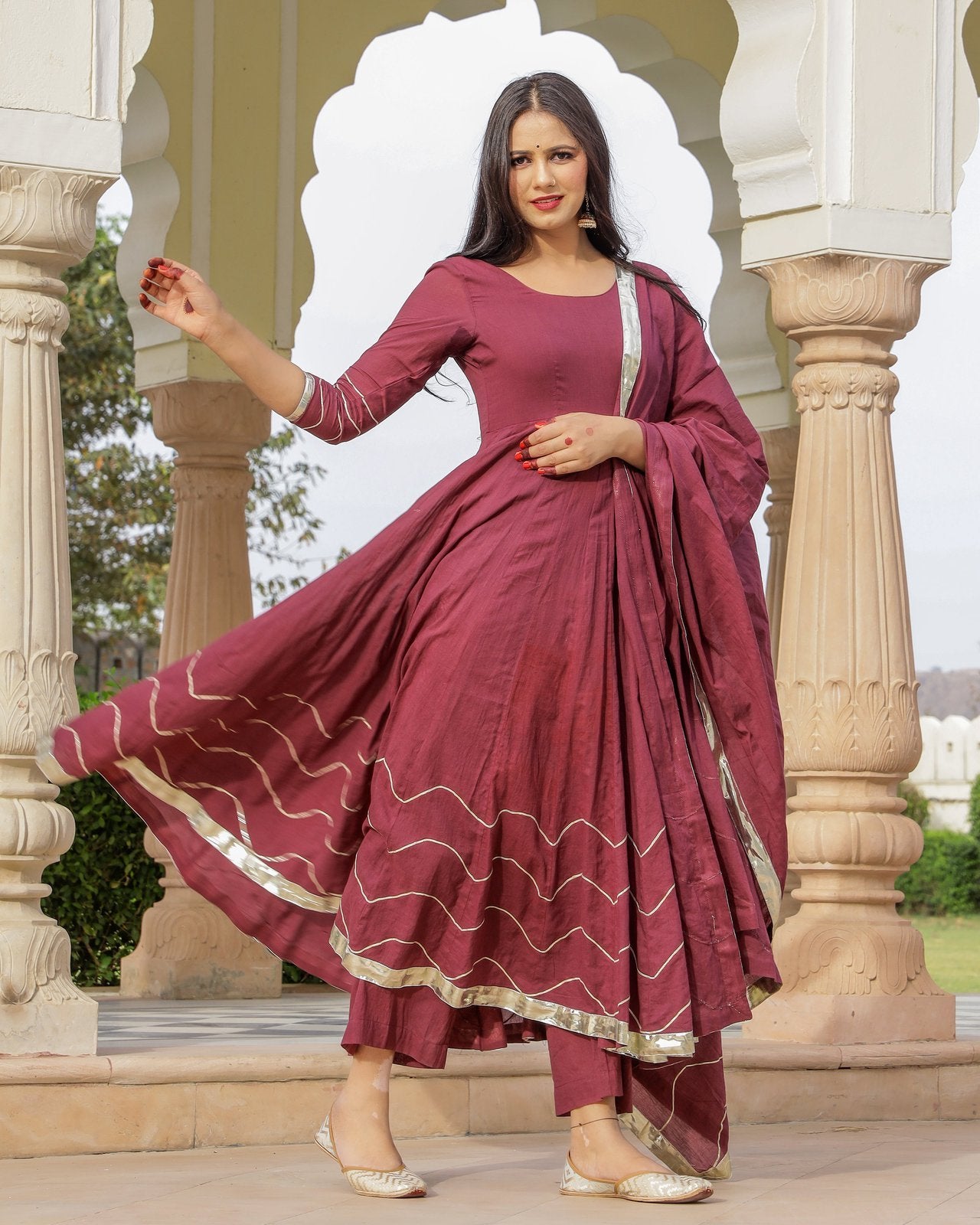 Solid Wine Mulmul Anarkali Suit