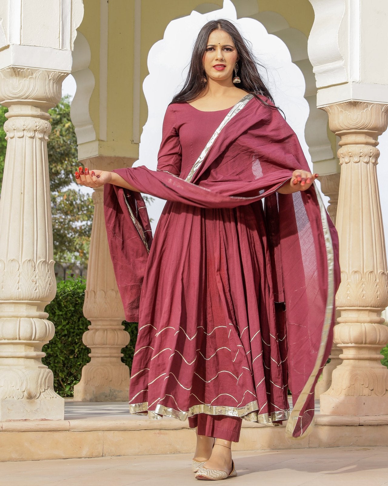 Solid Wine Mulmul Anarkali Suit