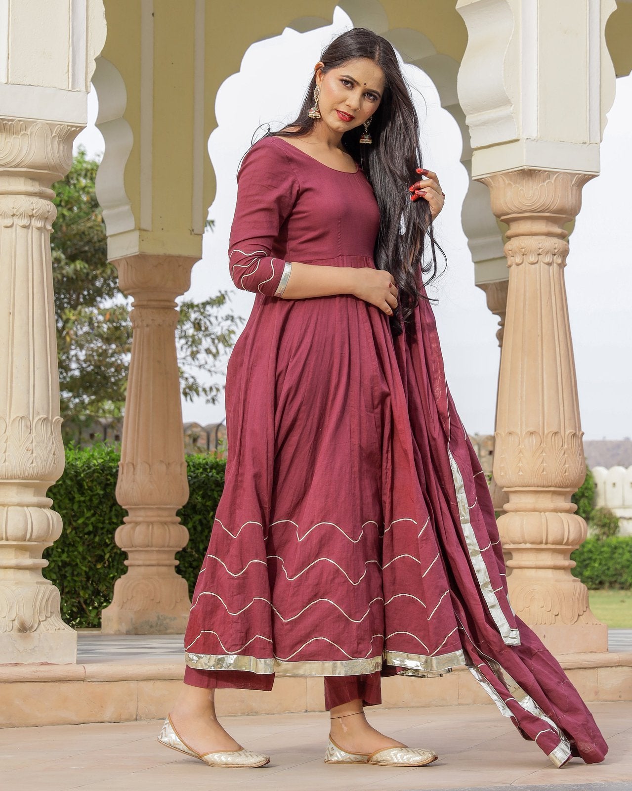 Solid Wine Mulmul Anarkali Suit