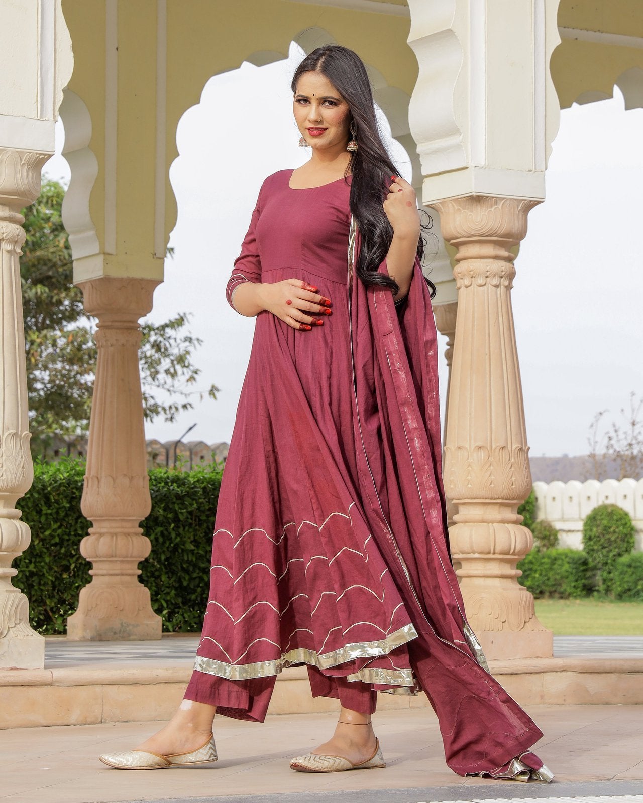 Solid Wine Mulmul Anarkali Suit