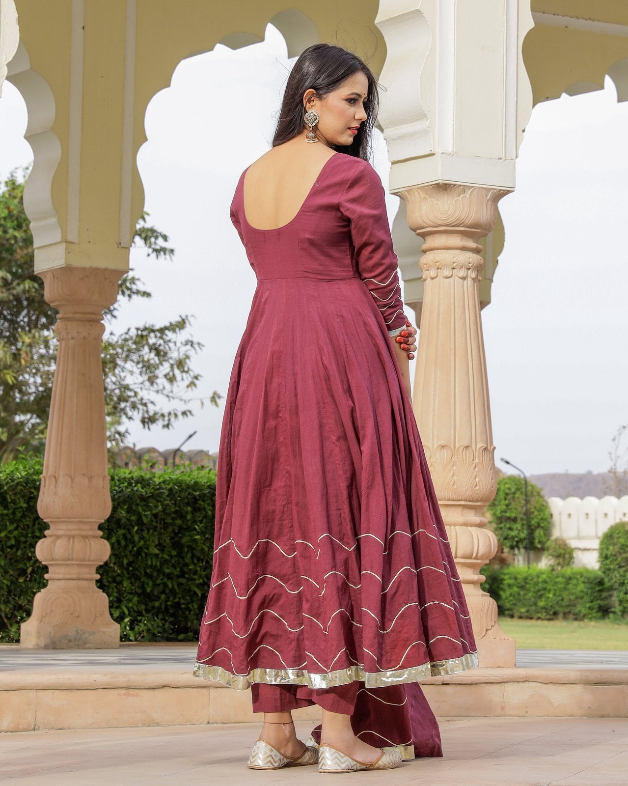 Solid Wine Mulmul Anarkali Suit