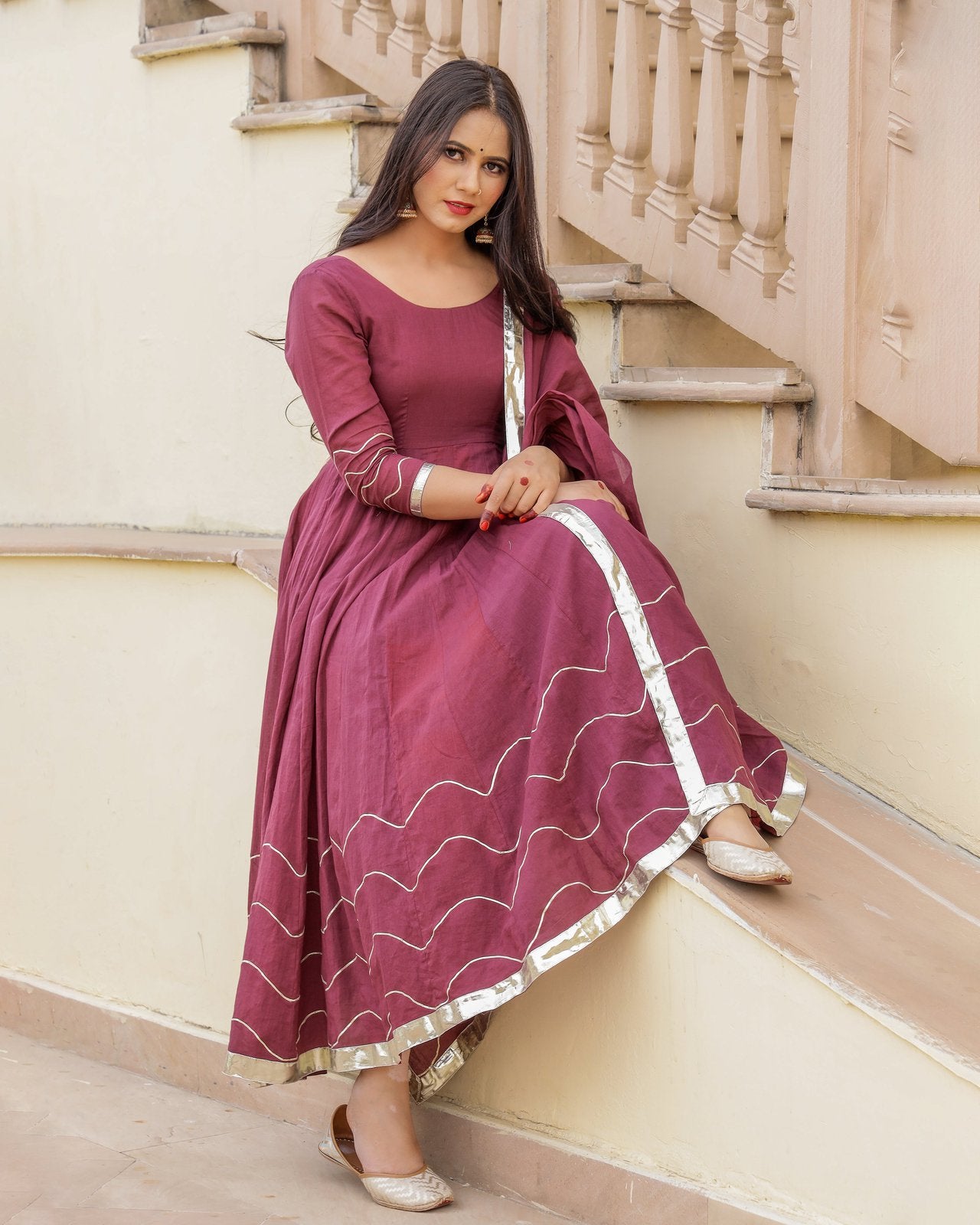 Solid Wine Mulmul Anarkali Suit