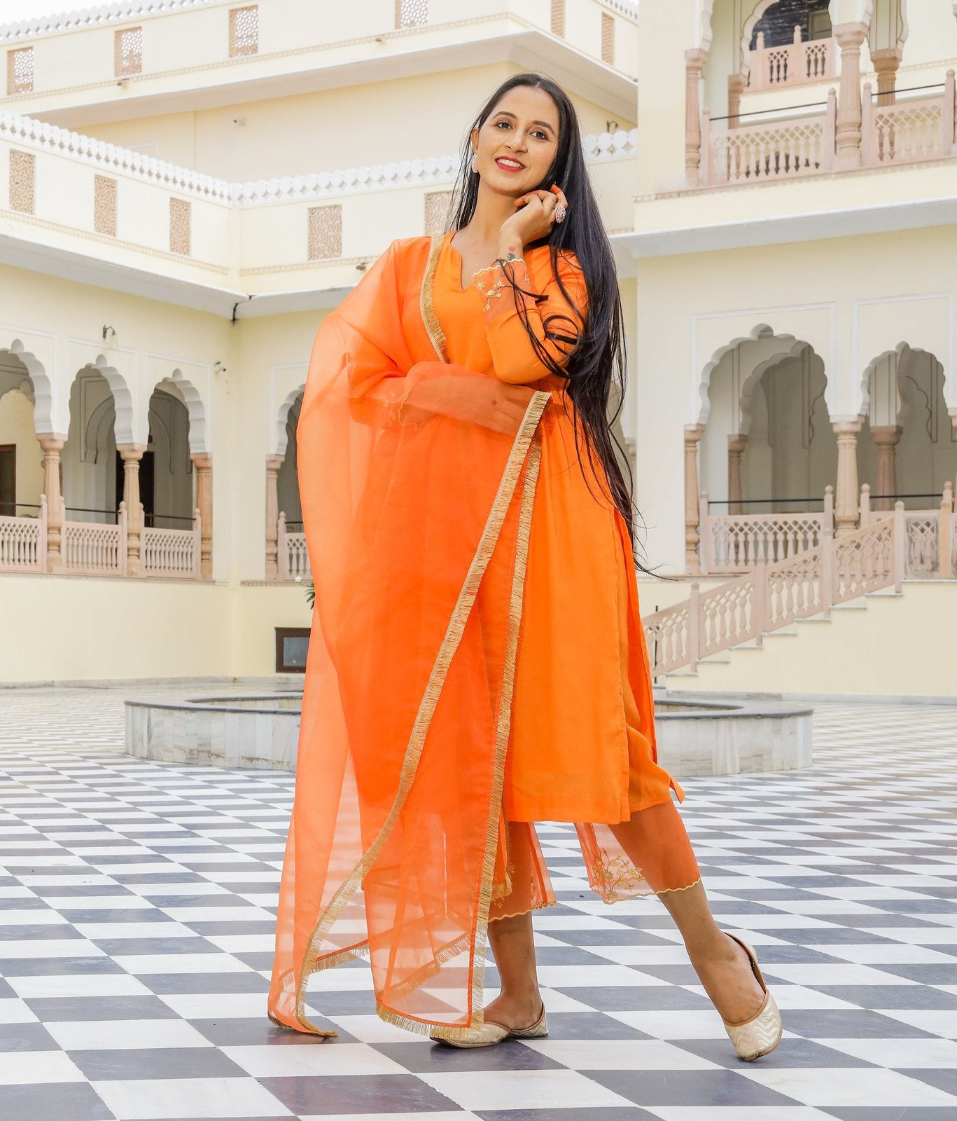 Orange Embroidery Modal Suit Set
