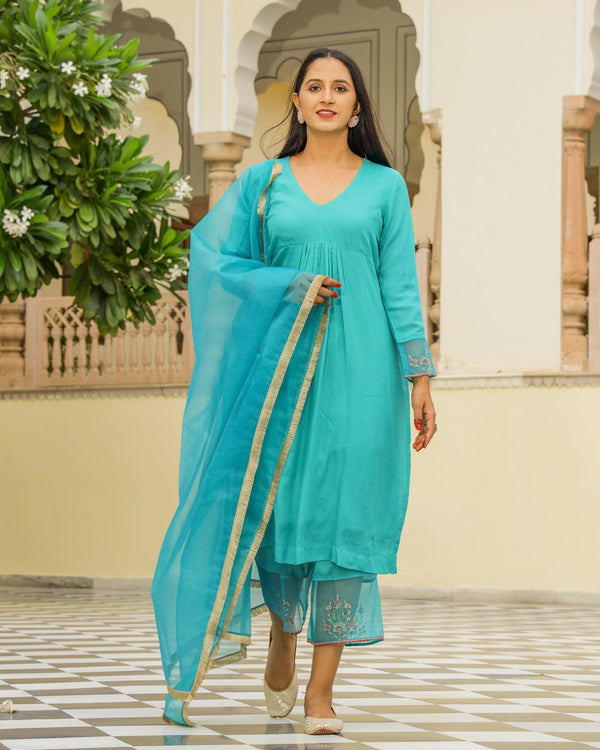 Teal Embroidery Modal Suit Set