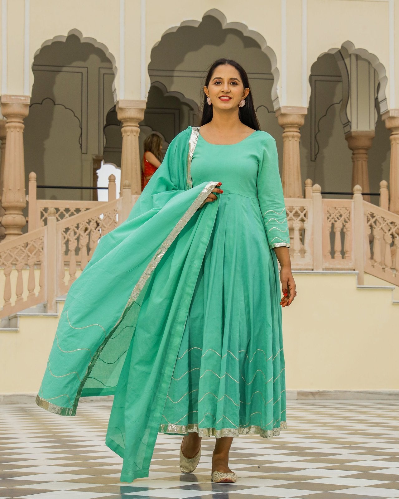 Solid Pista Green Anarkali Suit