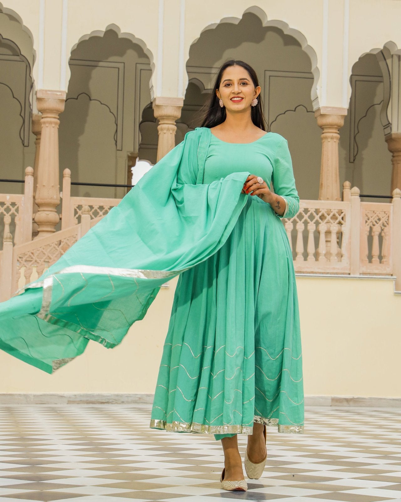 Solid Pista Green Anarkali Suit
