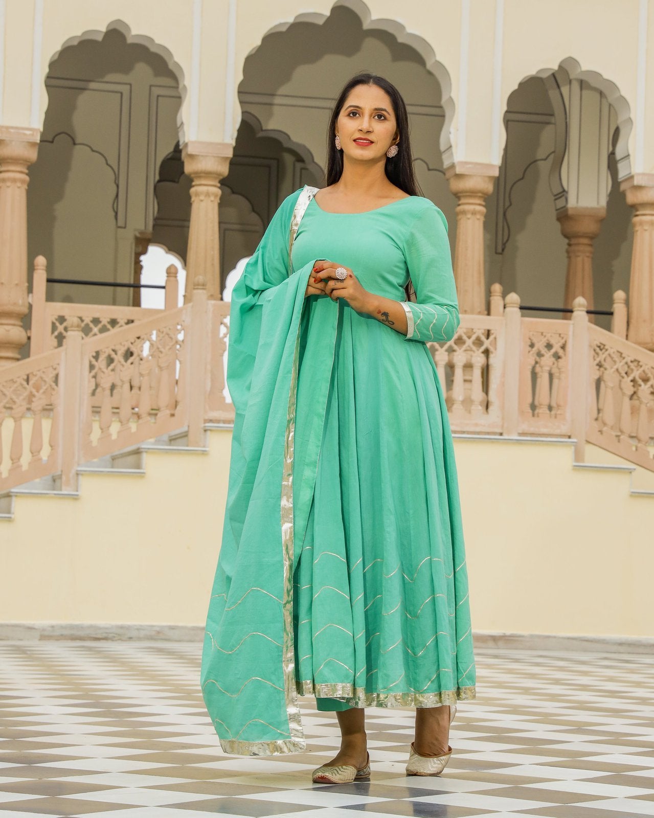 Solid Pista Green Anarkali Suit