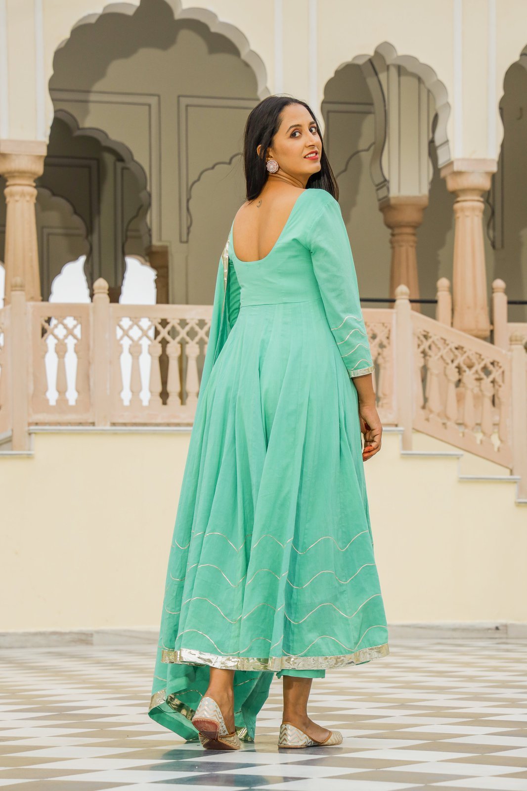 Solid Pista Green Anarkali Suit