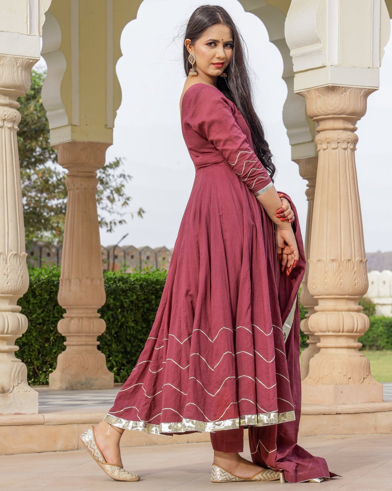 Solid Wine Mulmul Anarkali Suit