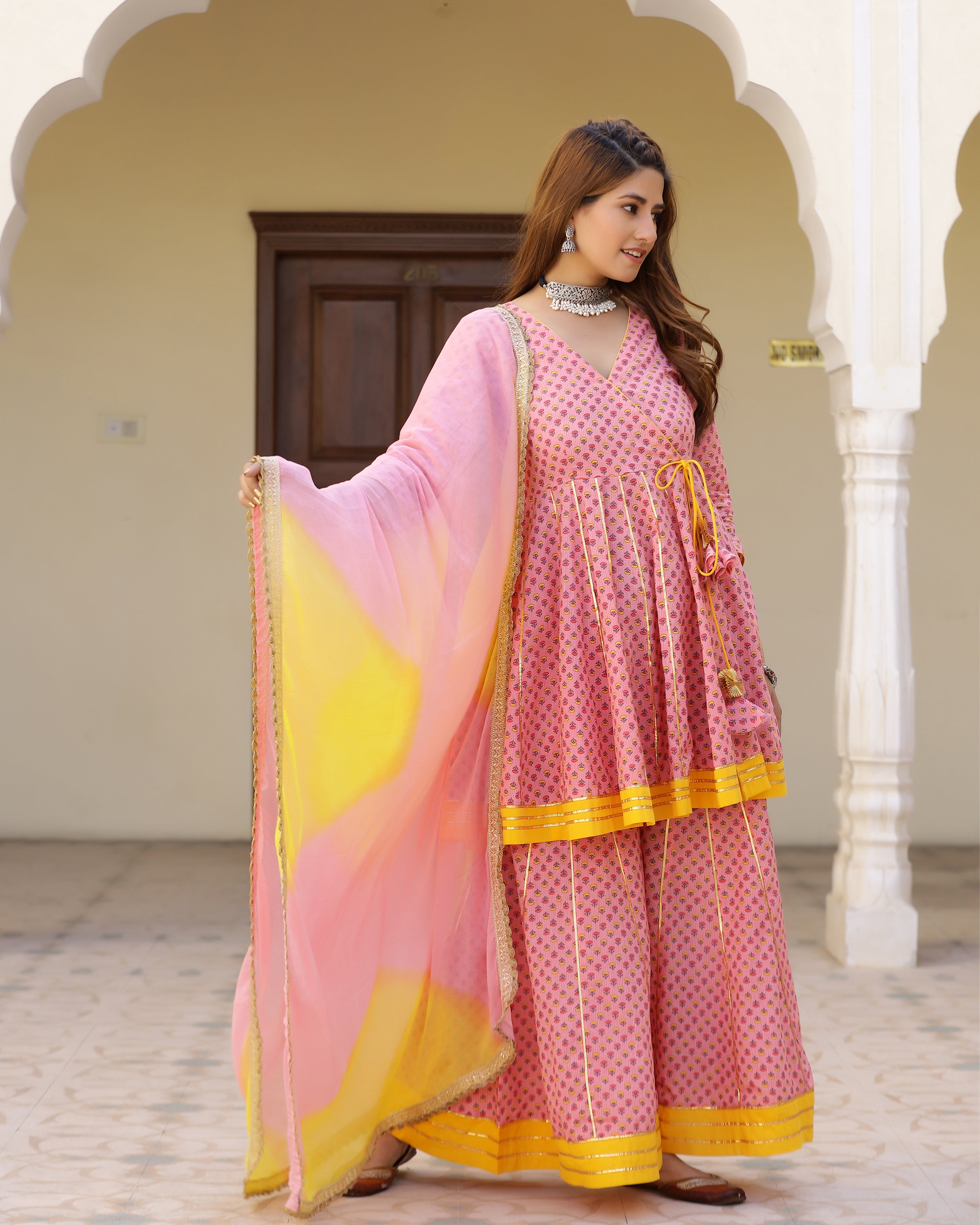 Candy Peach Printed Gotapatti Sharara Kurta  Set