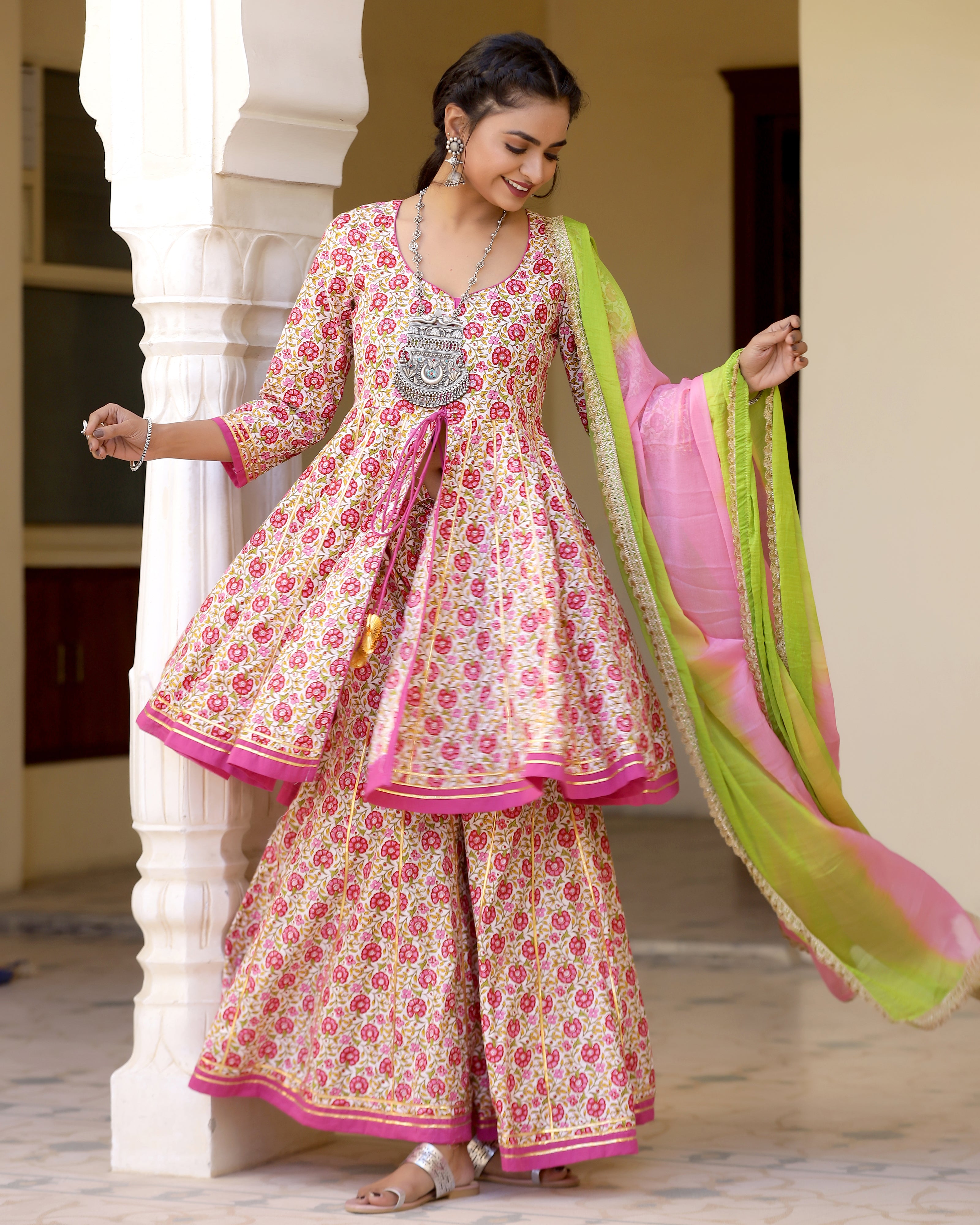 Cute Pink Printed Gotapatti Sharara Kurta Set