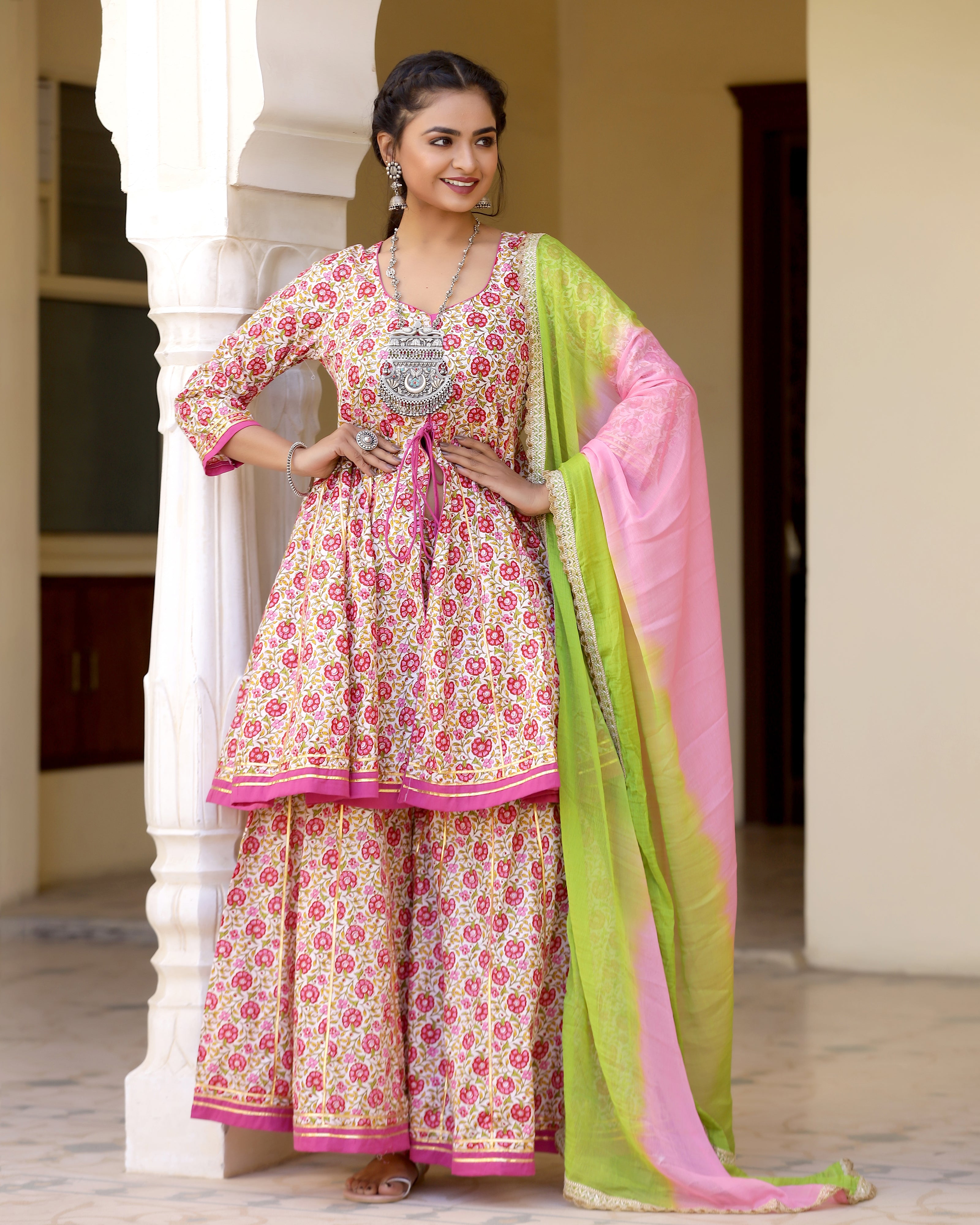 Cute Pink Printed Gotapatti Sharara Kurta Set