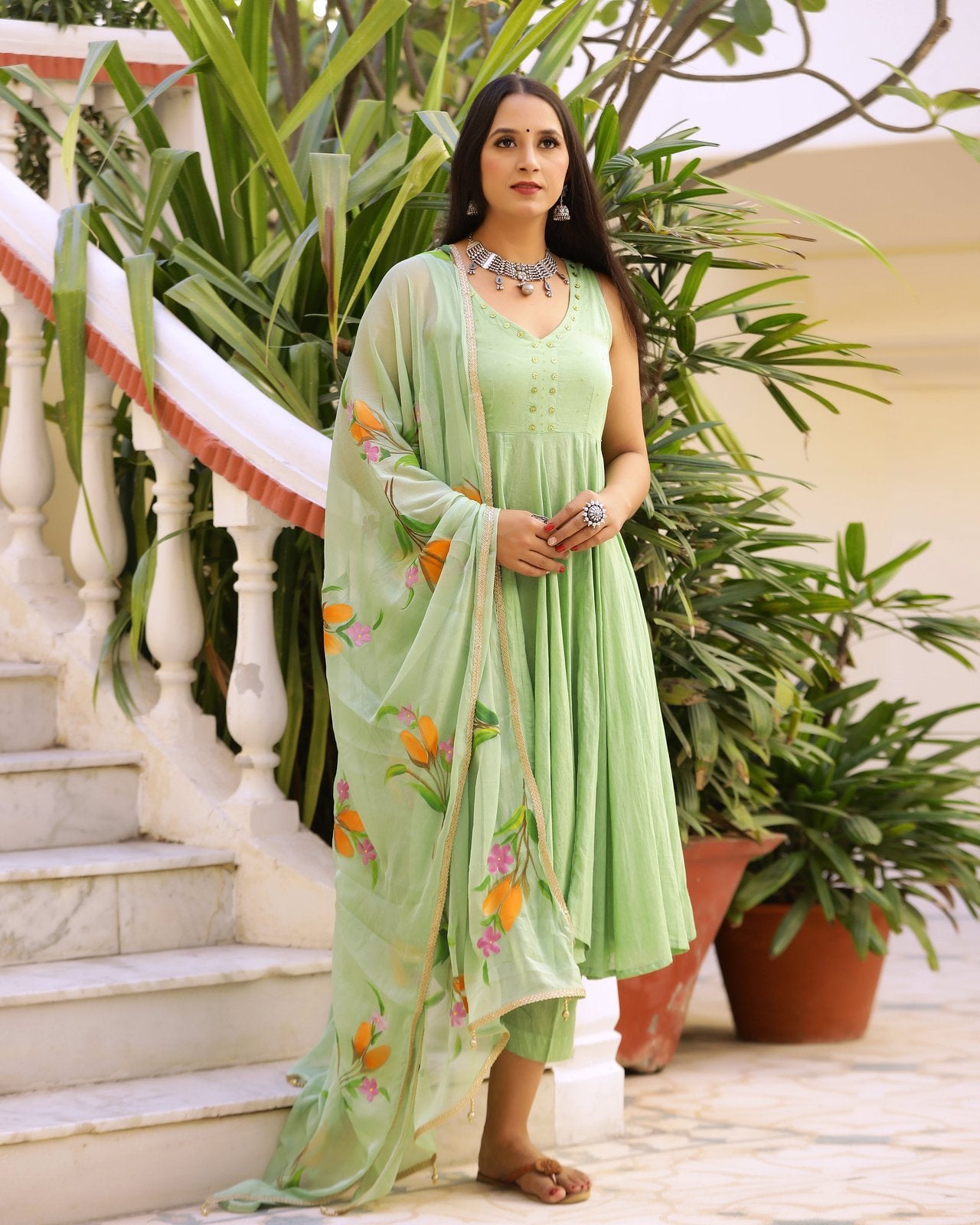 Hand-Painted Cotton Pista Anarkali Suit