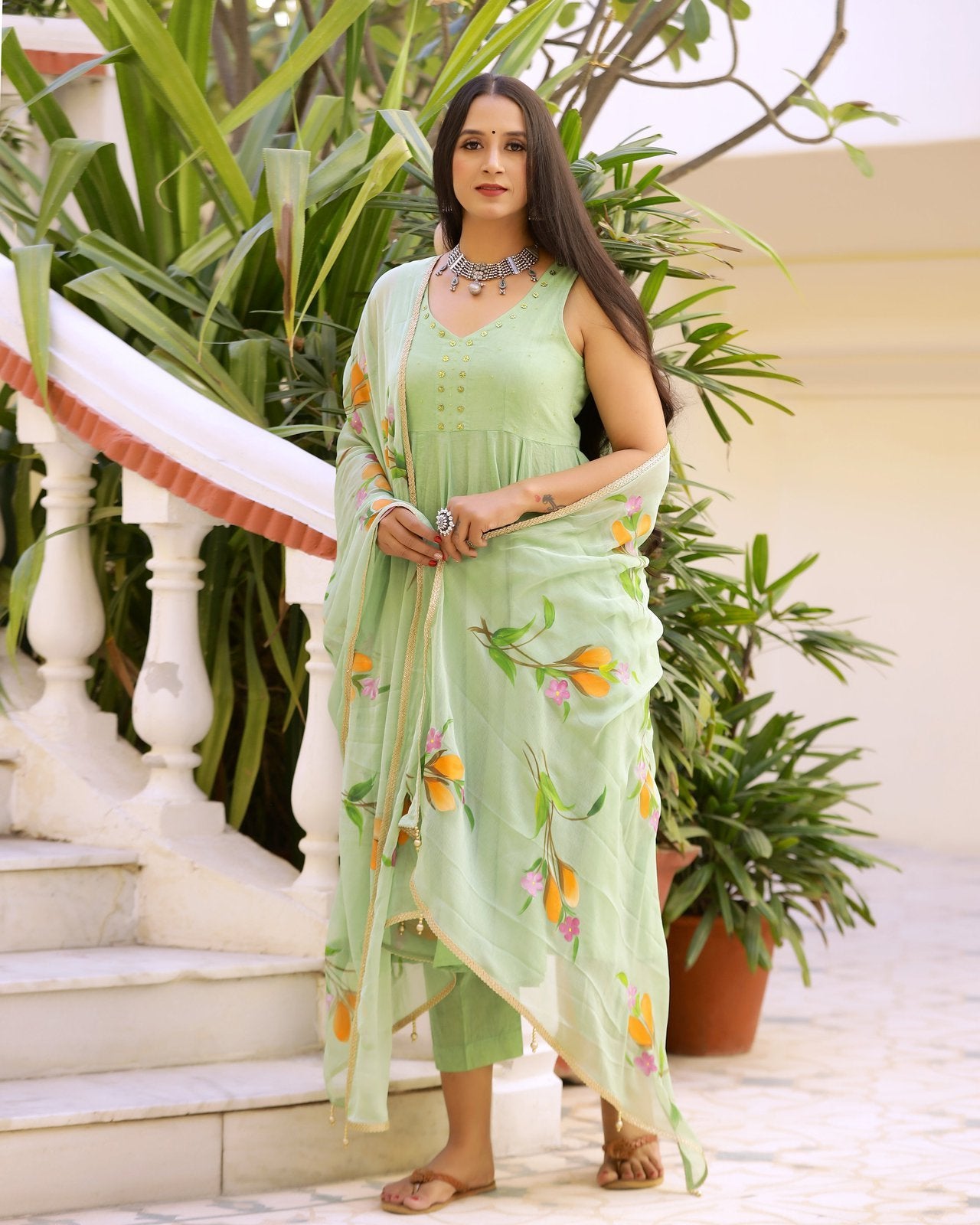 Hand-Painted Cotton Pista Anarkali Suit