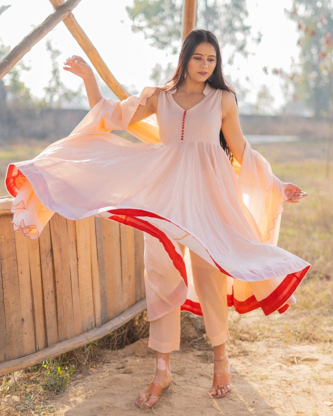 Peach Mulmul Sleeveless Anarkali Suit