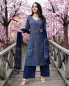 Blue Block Butti Print Cotton Kurta Pant Set