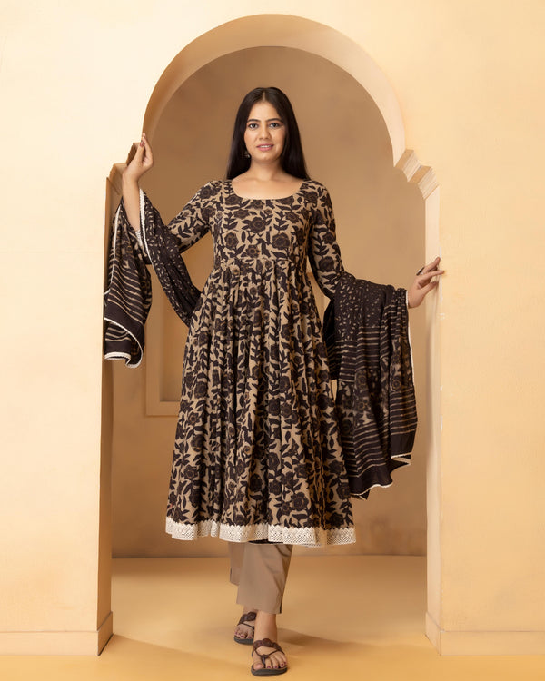 Gull Dabu Print Cotton Anarkali Suit Set ( Set of 3 )