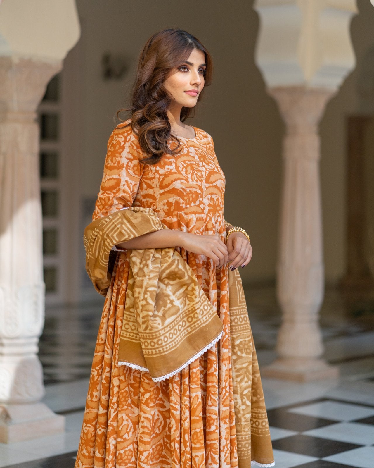 Mustard Dabu Print Cotton Anarkali Suit