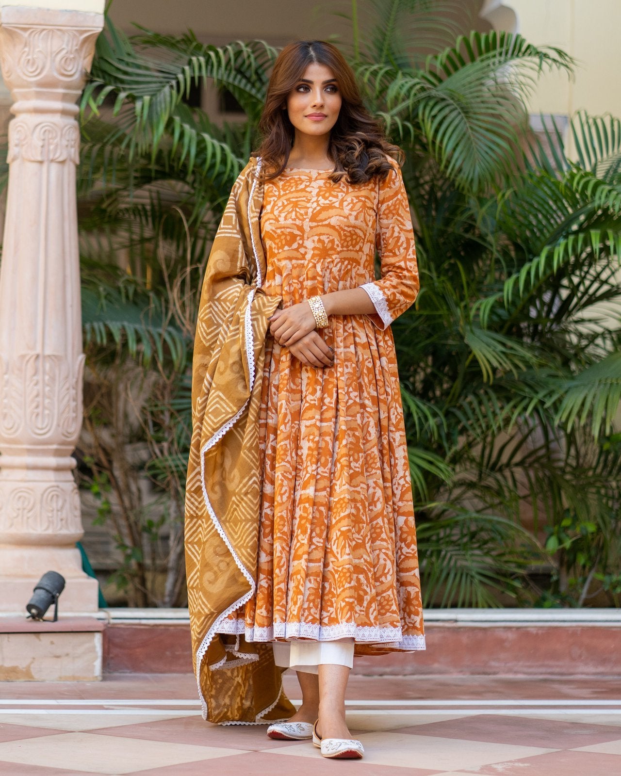 Mustard Dabu Print Cotton Anarkali Suit