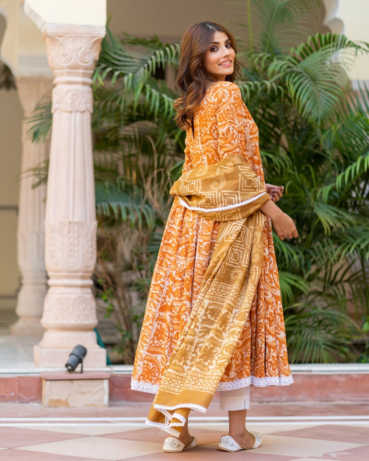 Mustard Dabu Print Cotton Anarkali Suit