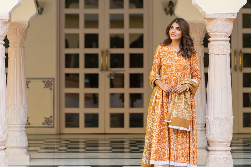Mustard Dabu Print Cotton Dress Set