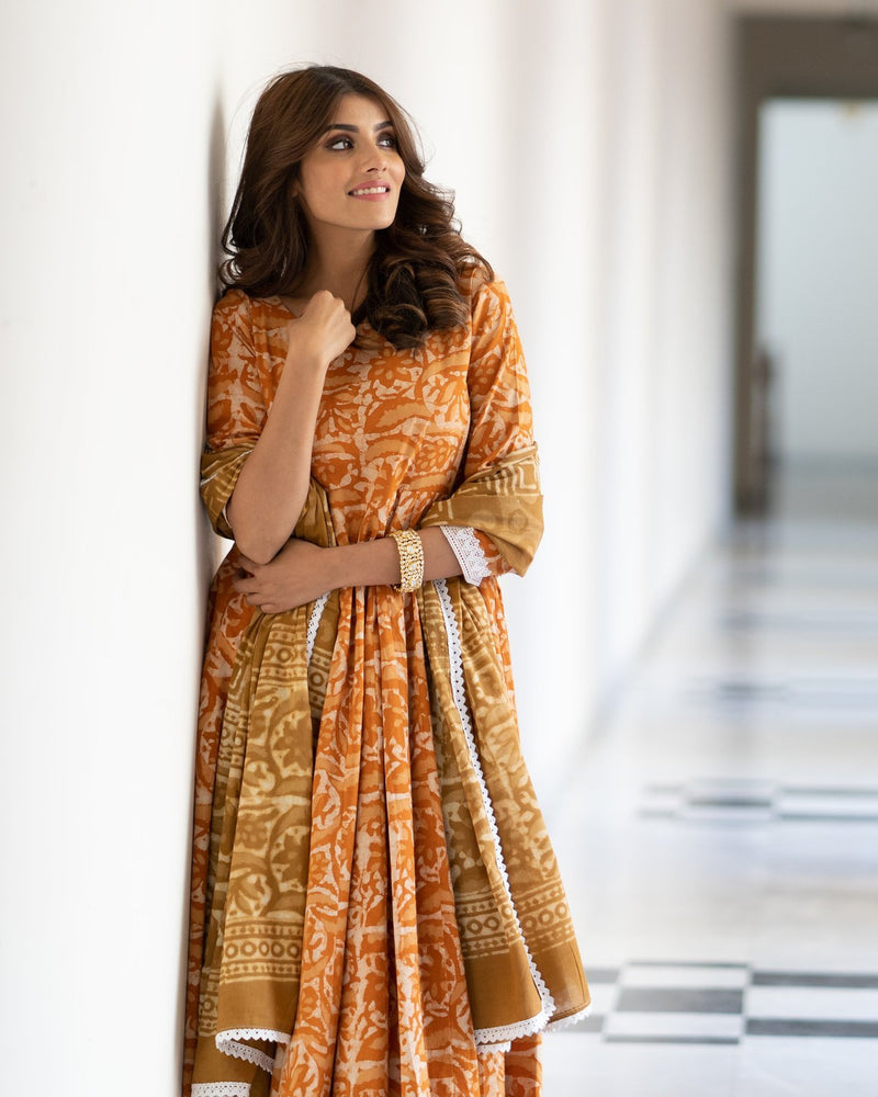 Mustard Dabu Print Cotton Dress Set