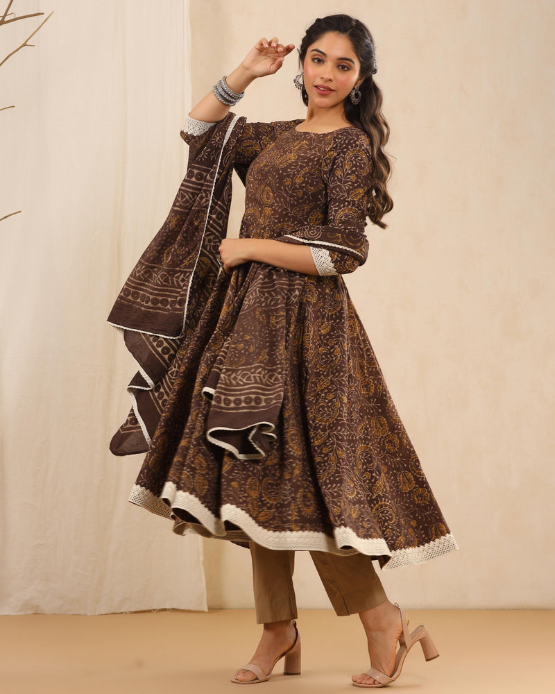 Heron Dabu Print Cotton Anarkali Suit Set ( Set of 3 )