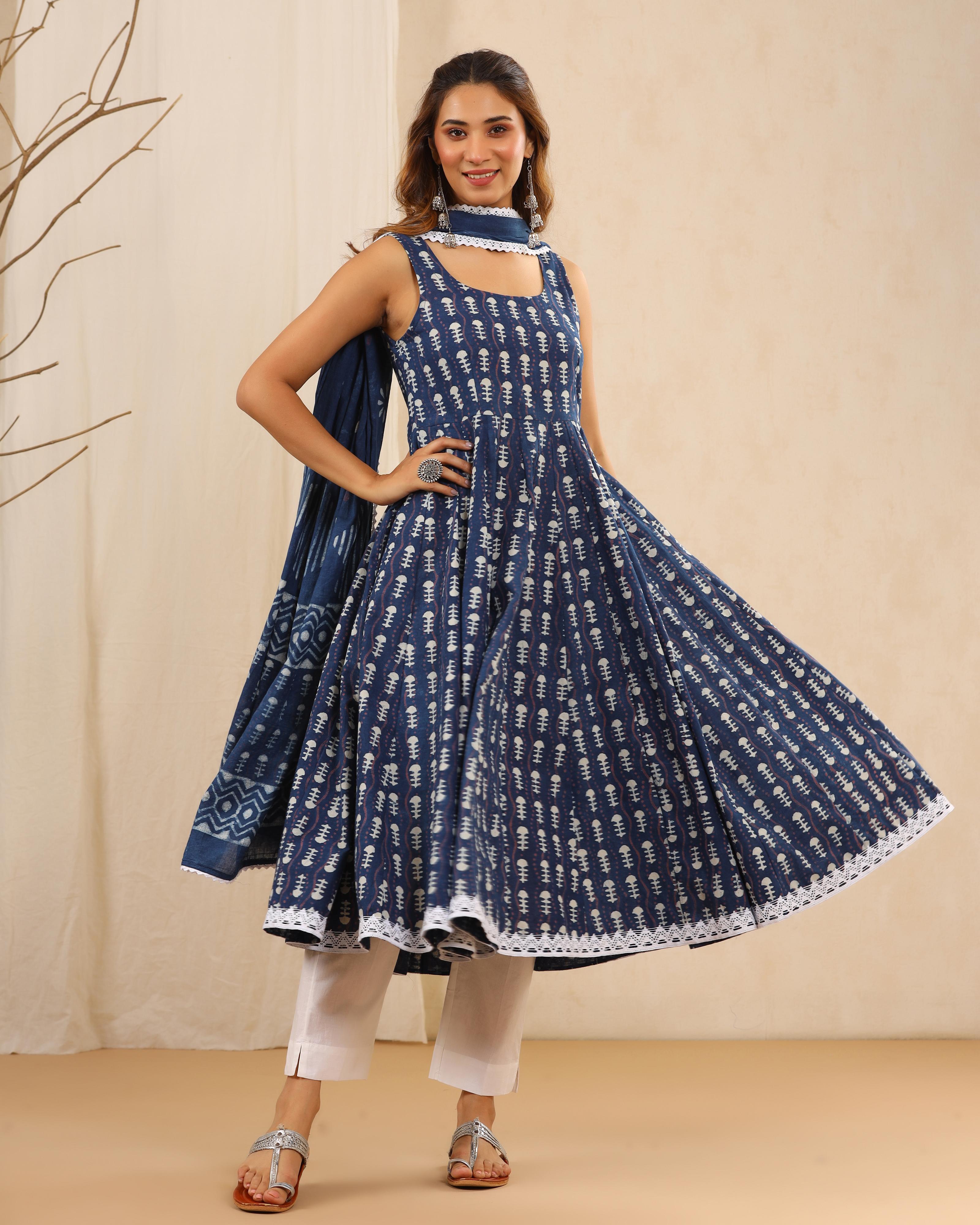 Indigo Dabu Print Cotton Anarkali Suit