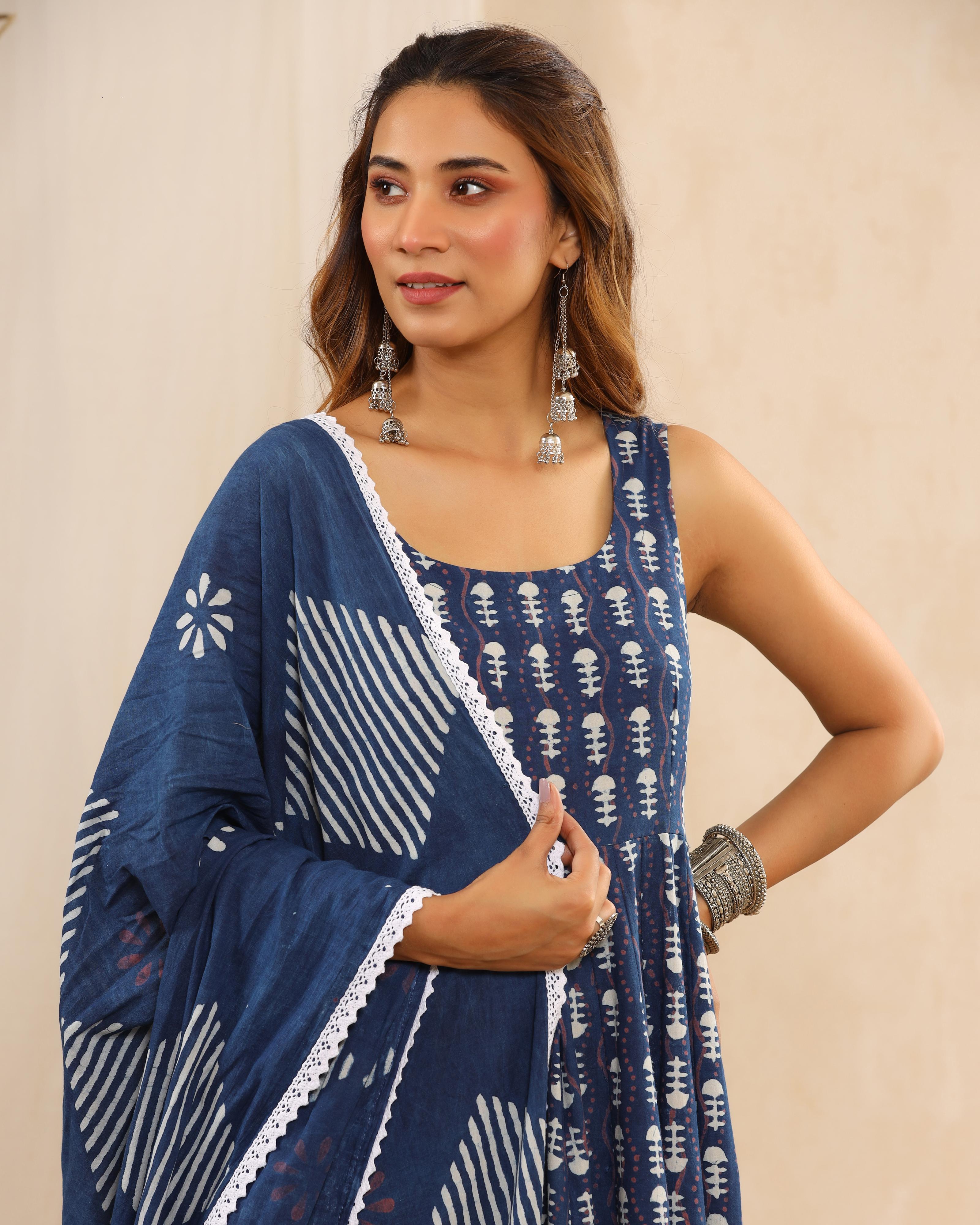 Indigo Dabu Print Cotton Anarkali Suit