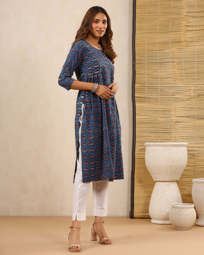 Indigo Dabu Hand Block Printed Cotton Gathered Kurti Baisa