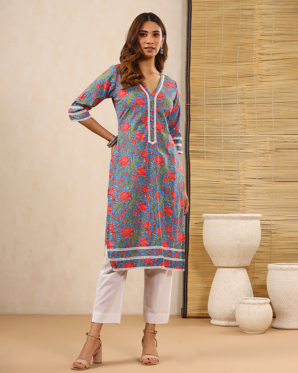 Bahaar Blue Block print Kurti with Crochet lace