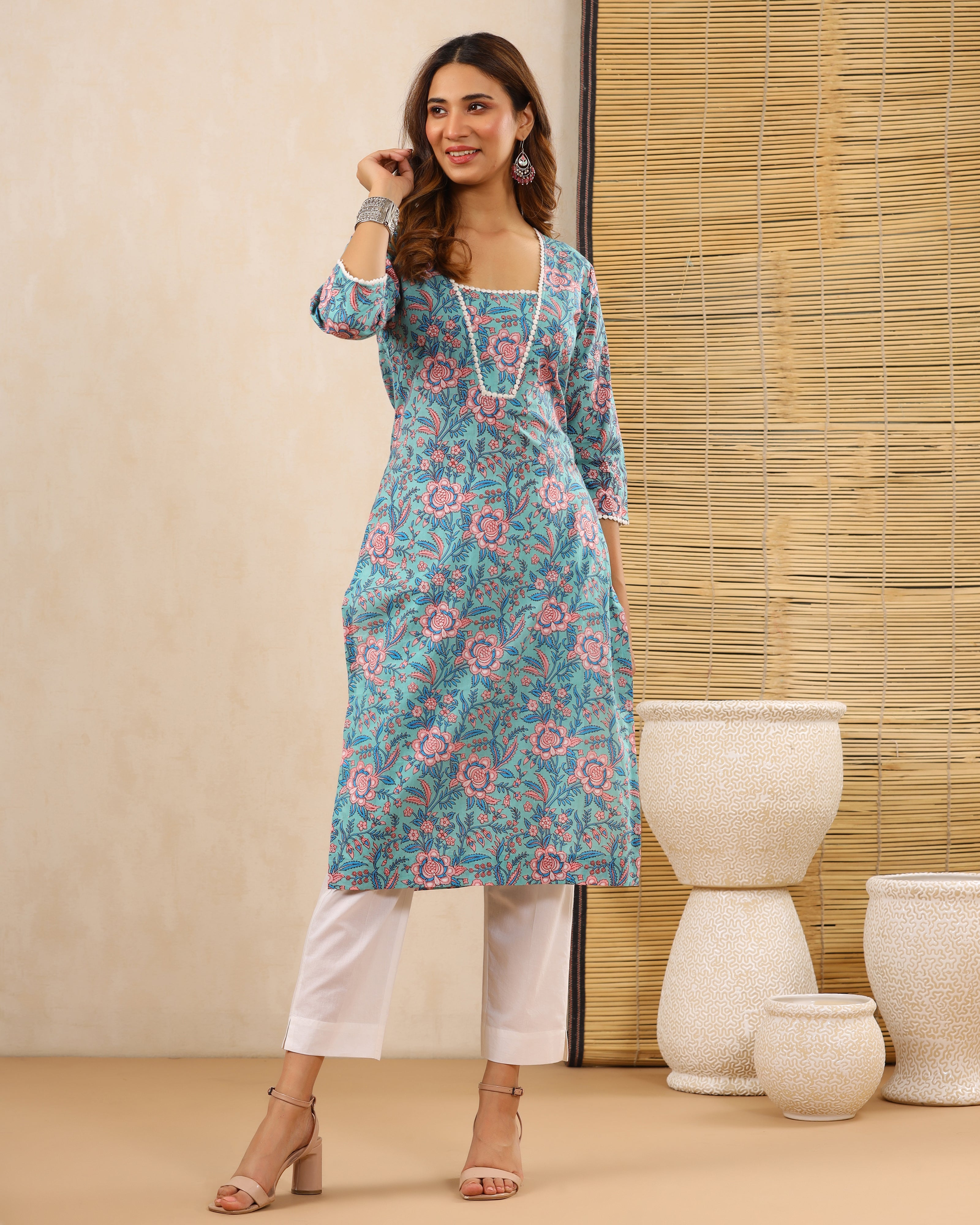 Chaand Teal Block print Kurti with Crochet lace