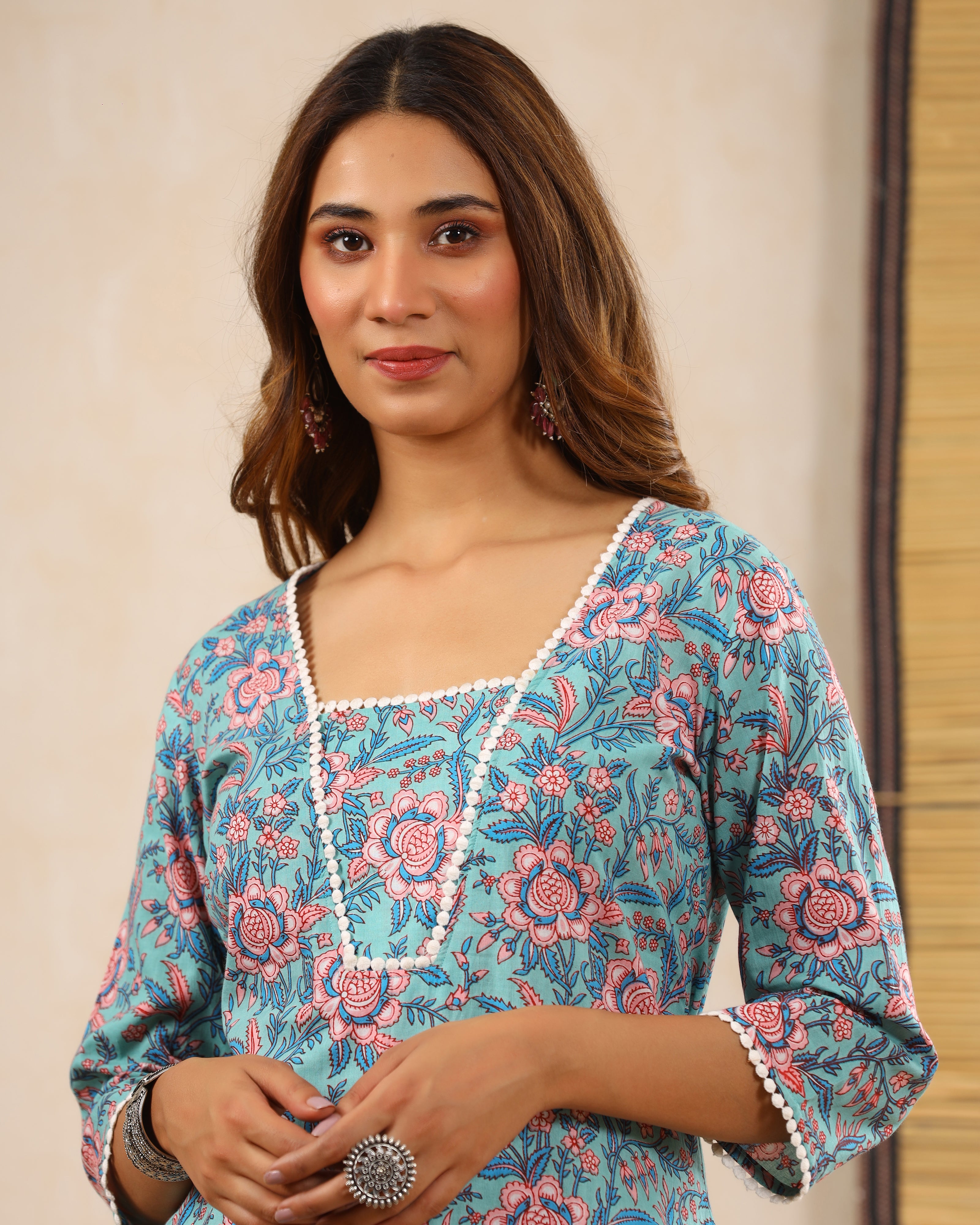 Chaand Teal Block print Kurti with Crochet lace
