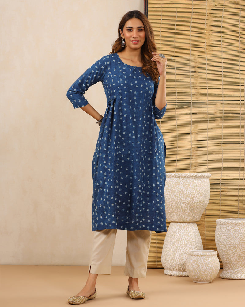 Indigo Baisa Dabu Hand Block Printed Cotton Gathered Kurti