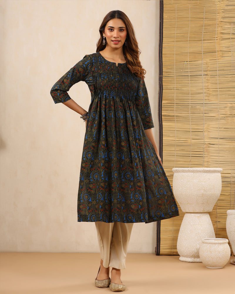 Black Dabu Hand Block Printed Cotton Printex Kurti