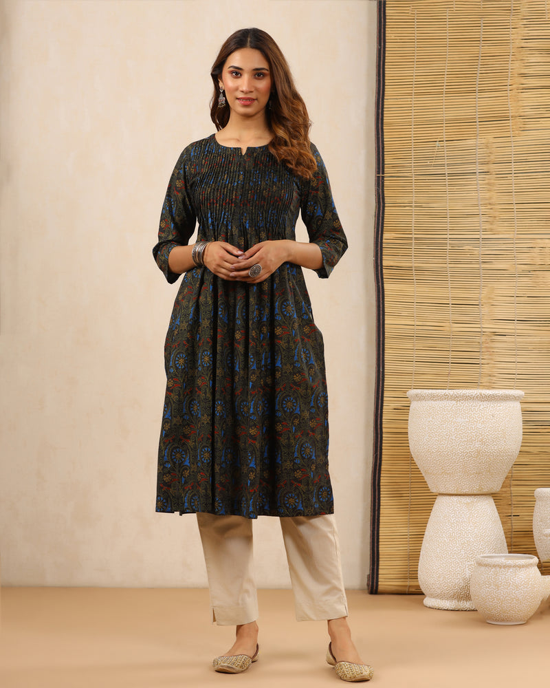 Black Dabu Hand Block Printed Cotton Printex Kurti