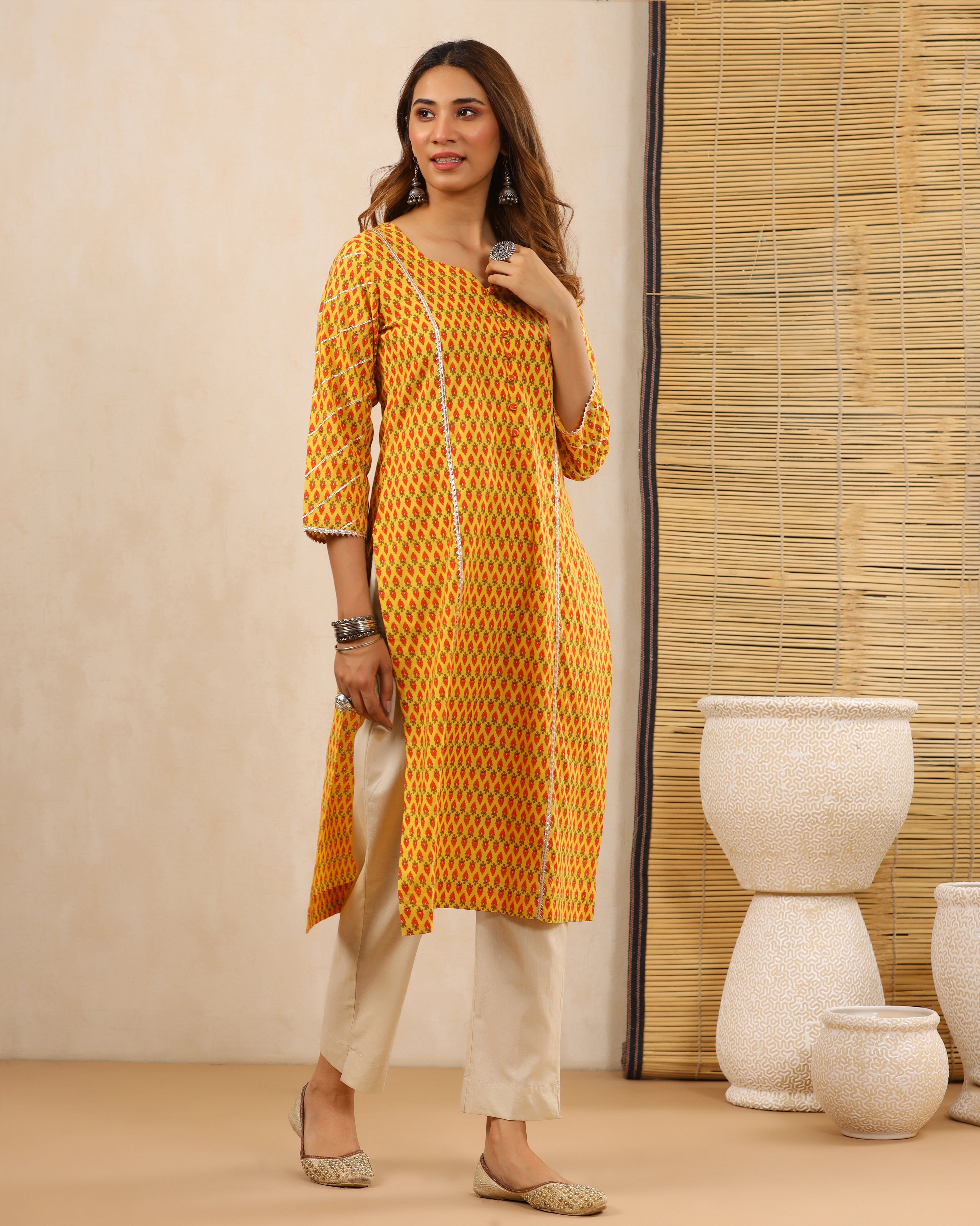 Honey Yellow Block print Kurti with Gota Lace