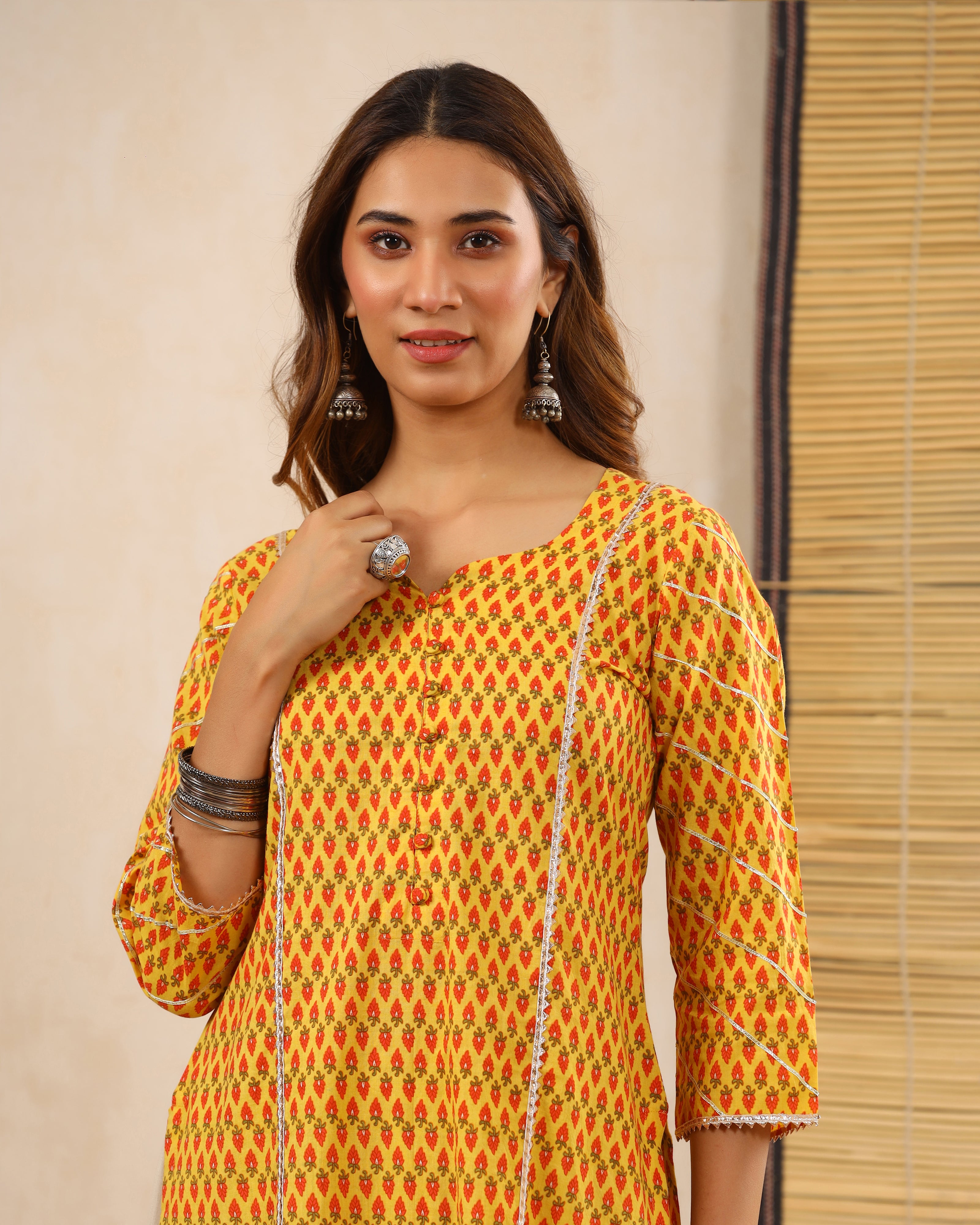 Honey Yellow Block print Kurti with Gota Lace