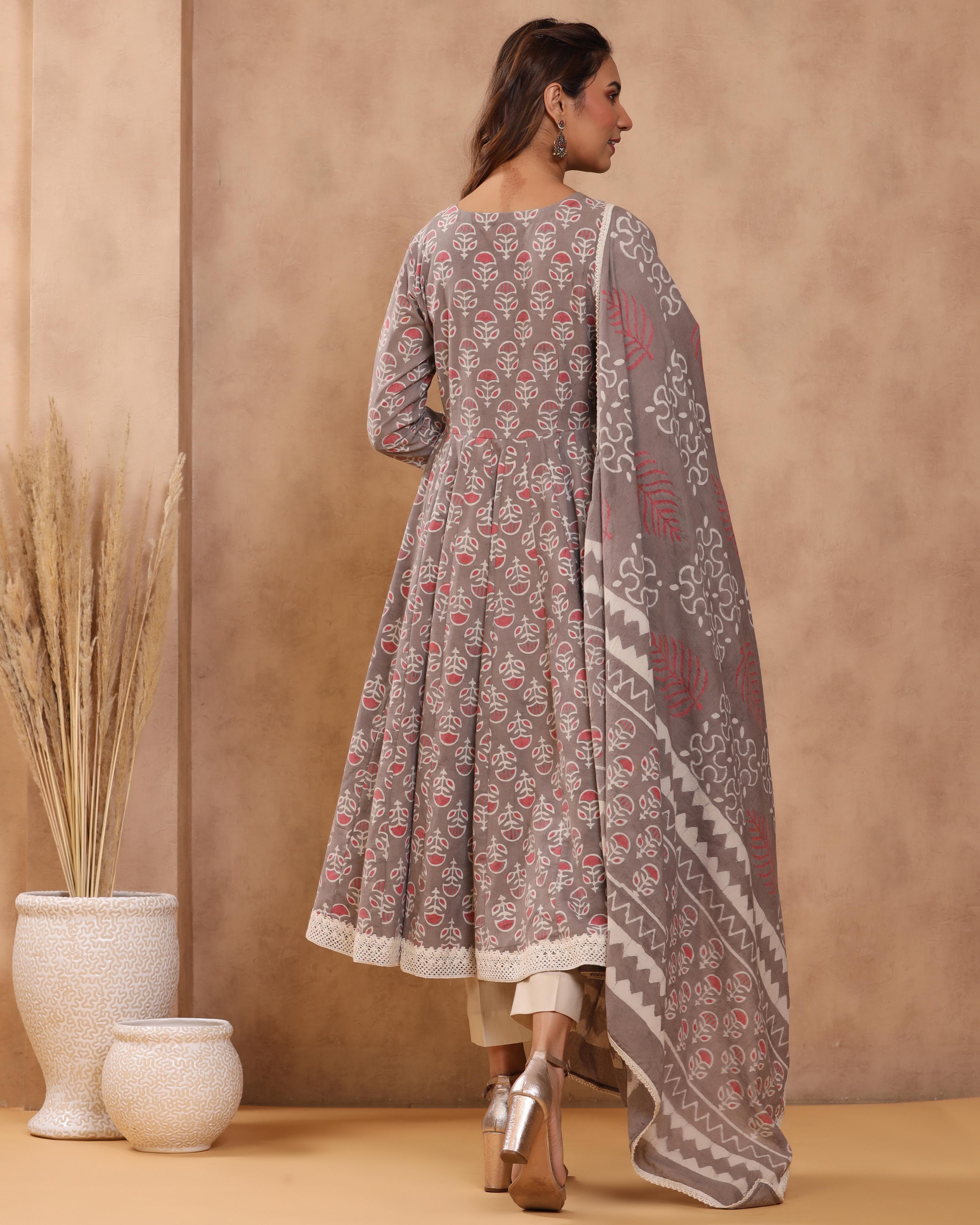 Grey Dabu Print Cotton Anarkali Suit