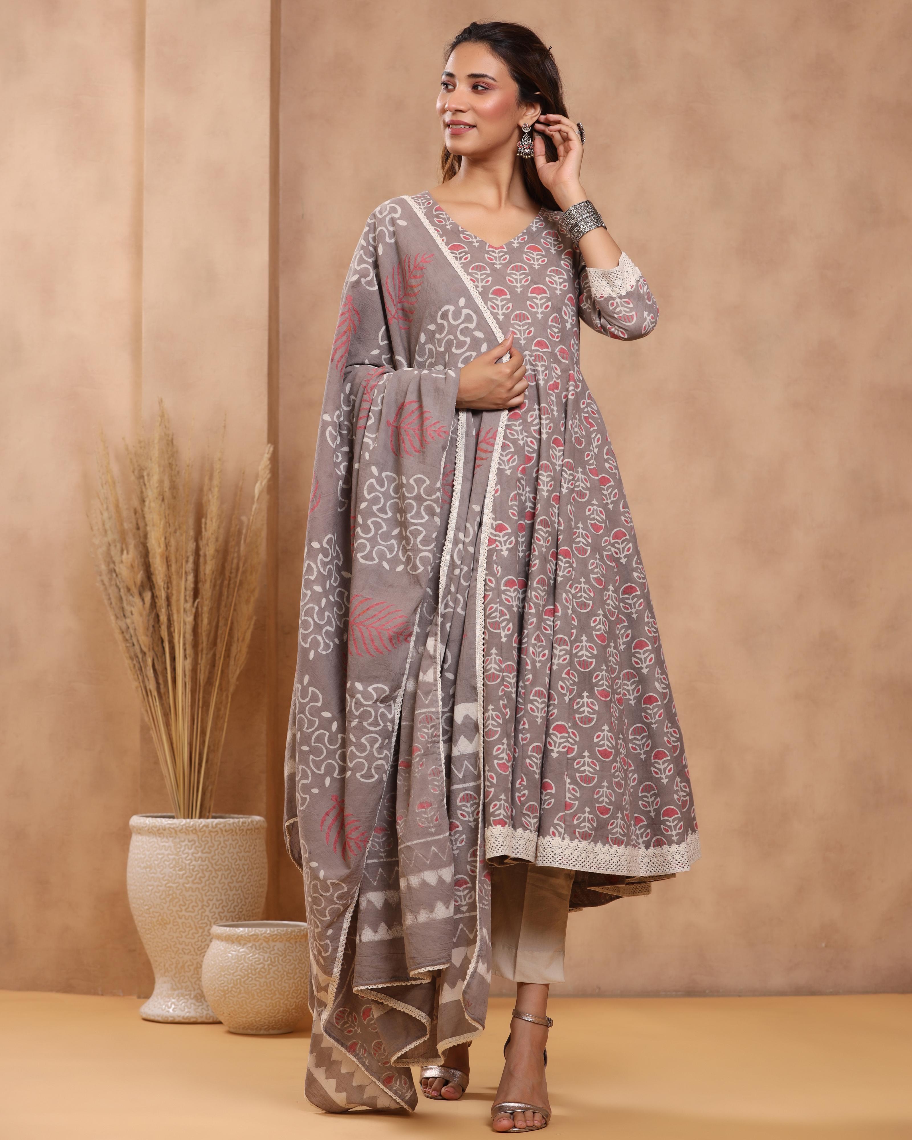Grey Dabu Print Cotton Anarkali Suit