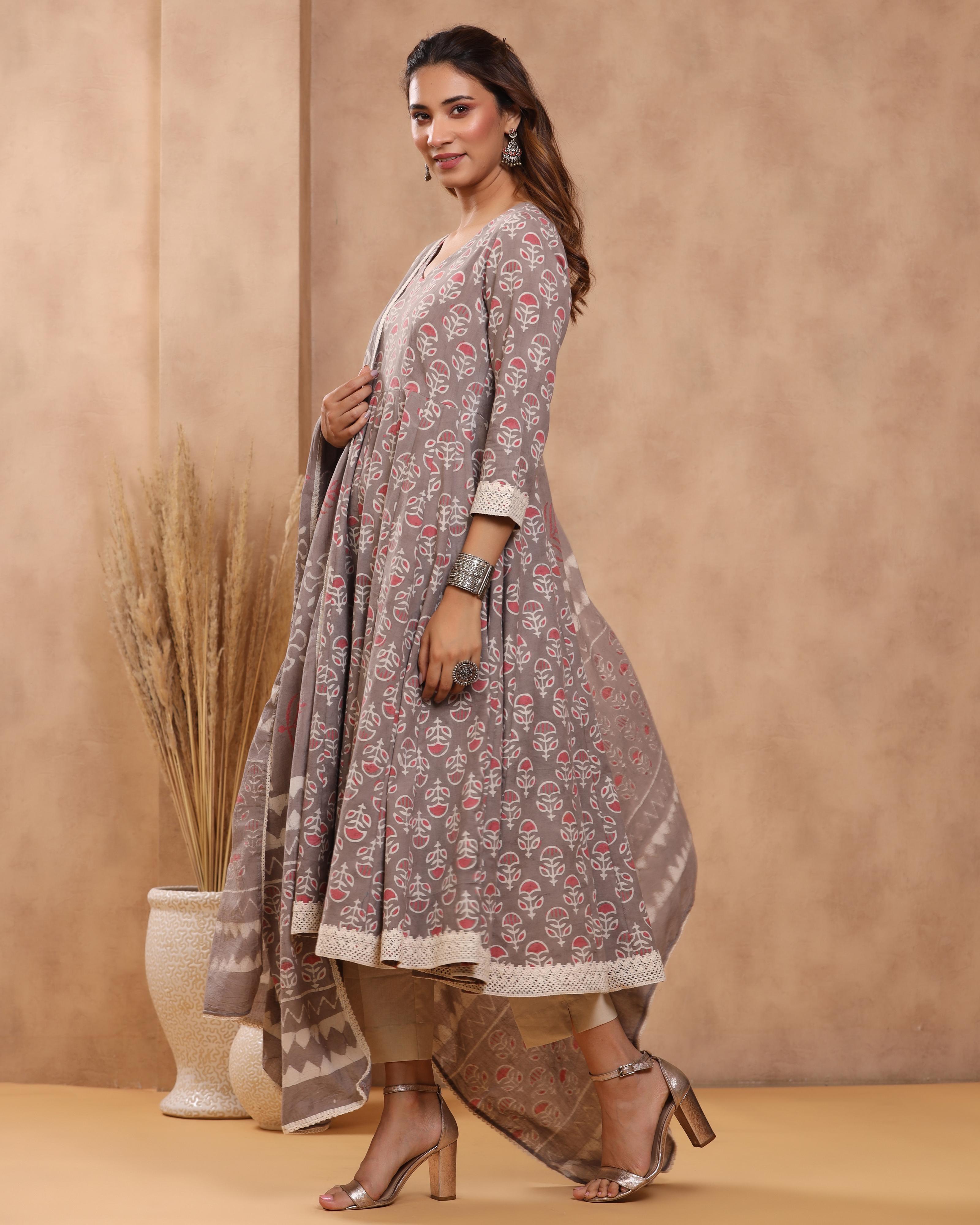 Grey Dabu Print Cotton Anarkali Suit