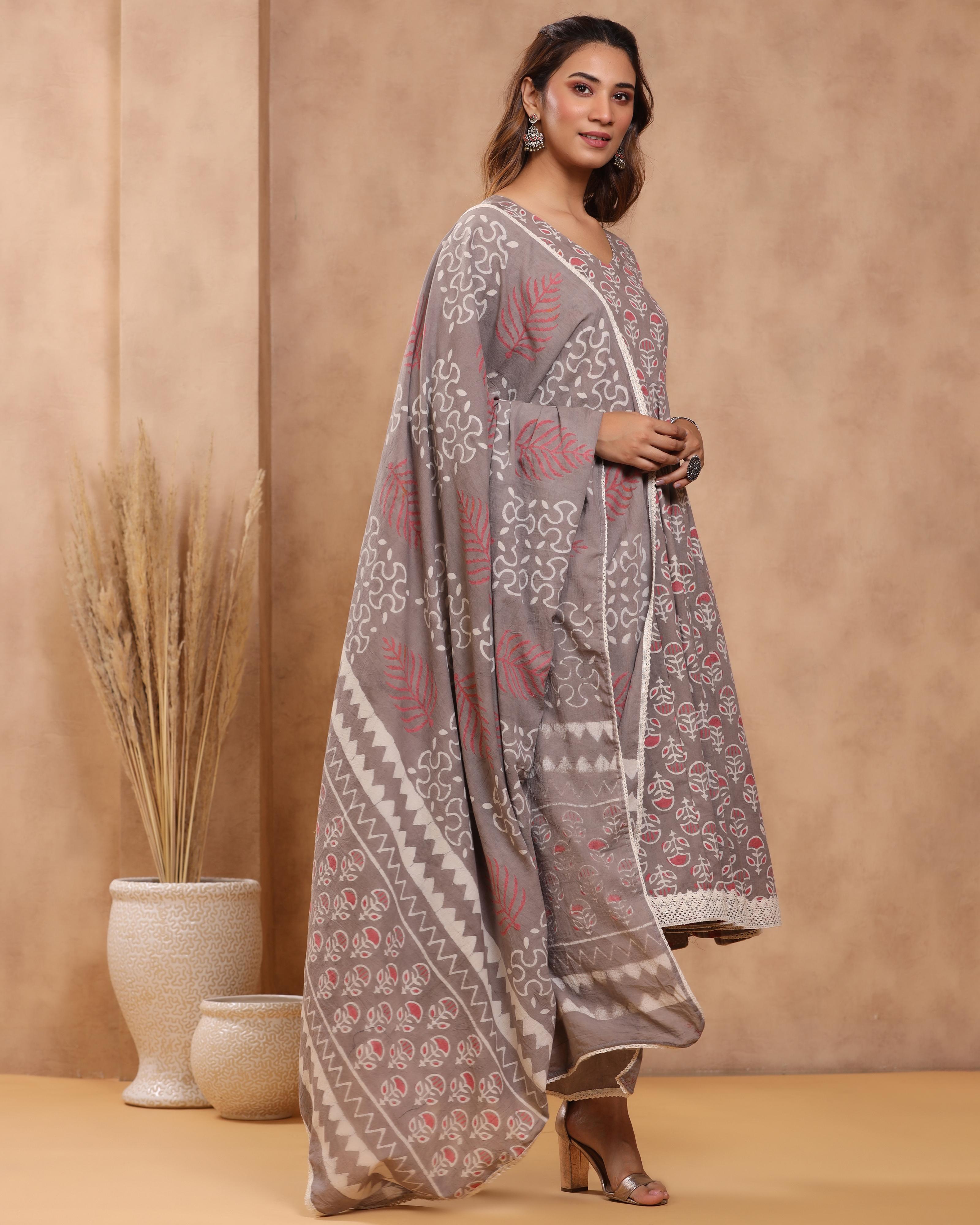 Grey Dabu Print Cotton Anarkali Suit
