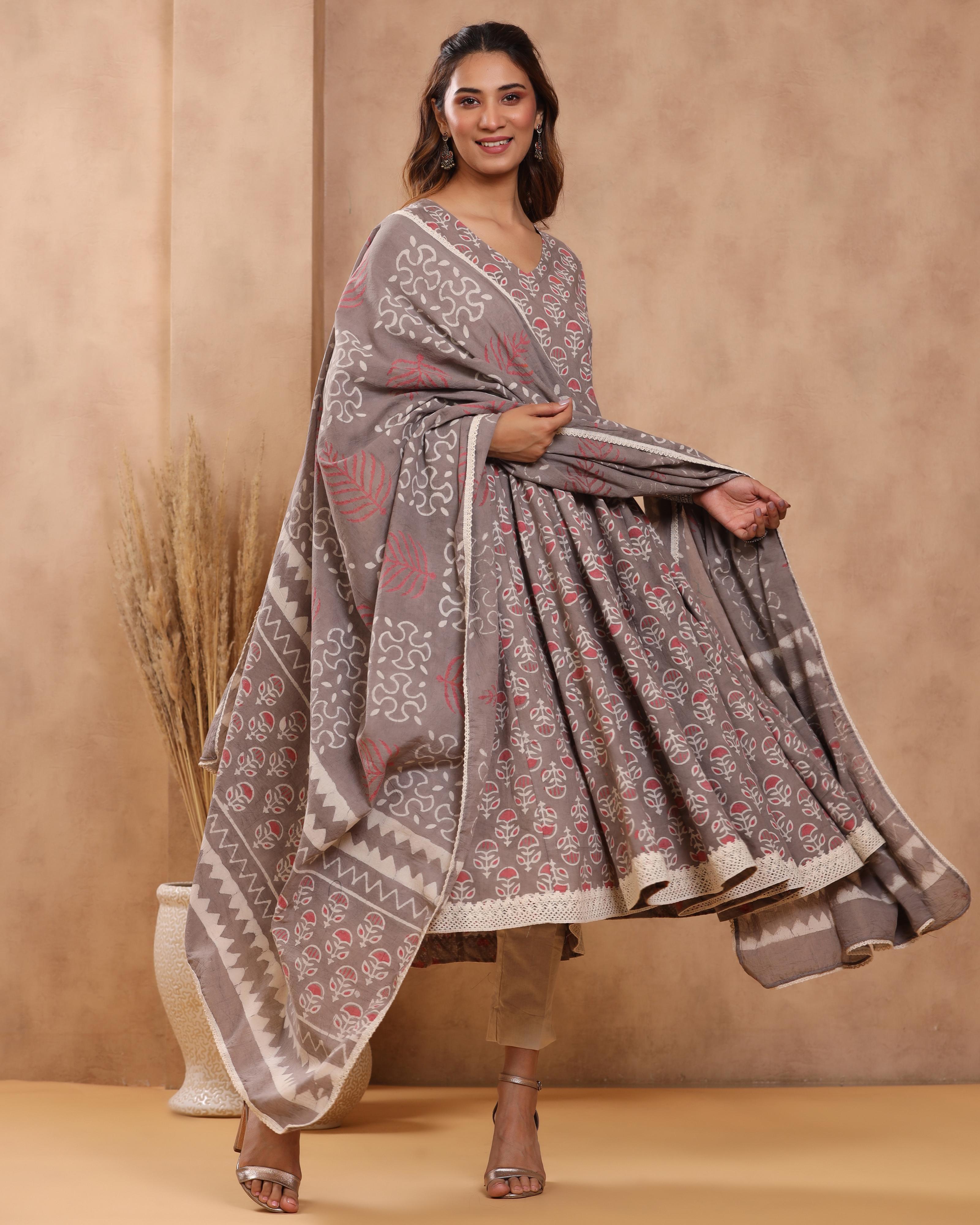 Grey Dabu Print Cotton Anarkali Suit