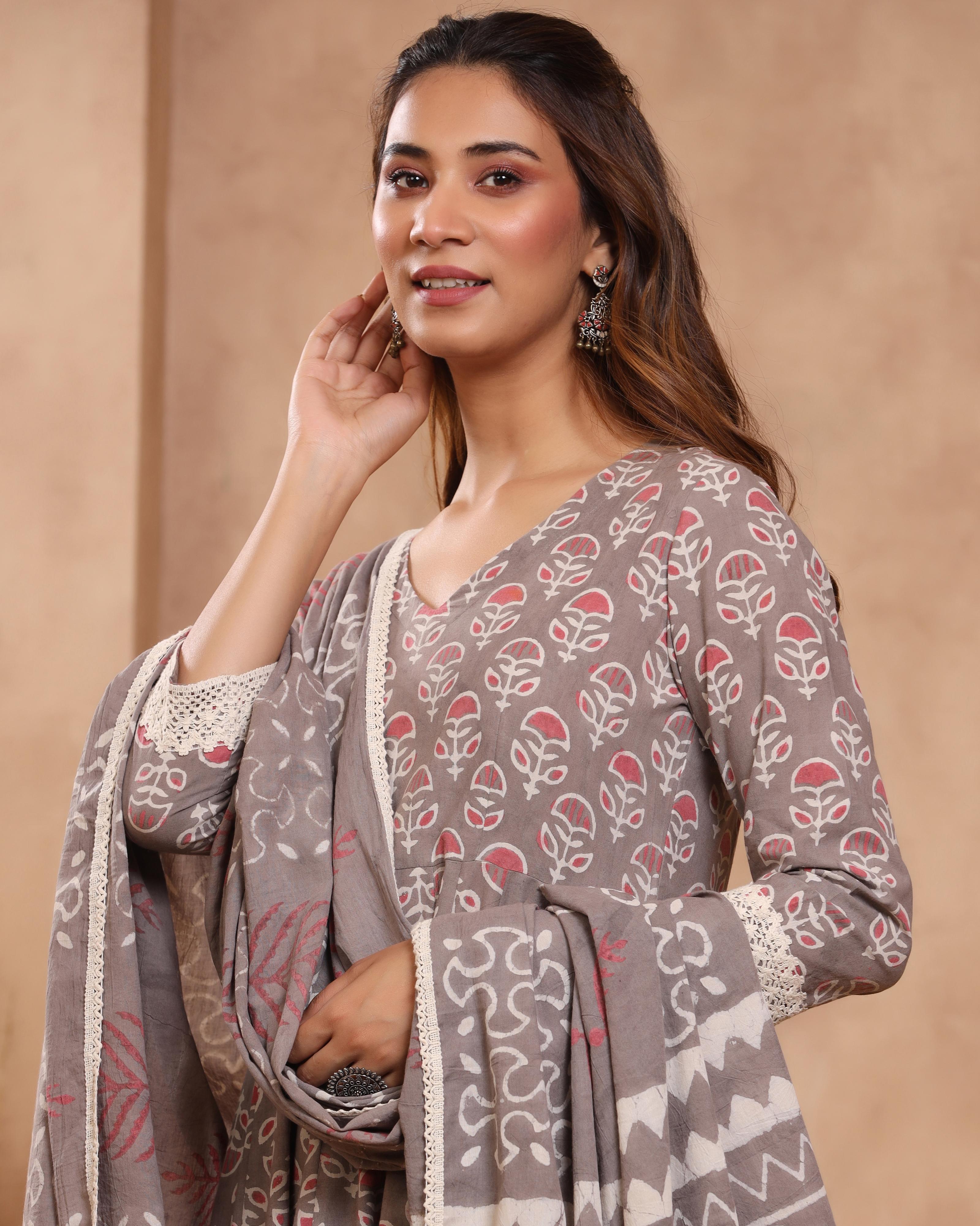 Grey Dabu Print Cotton Anarkali Suit