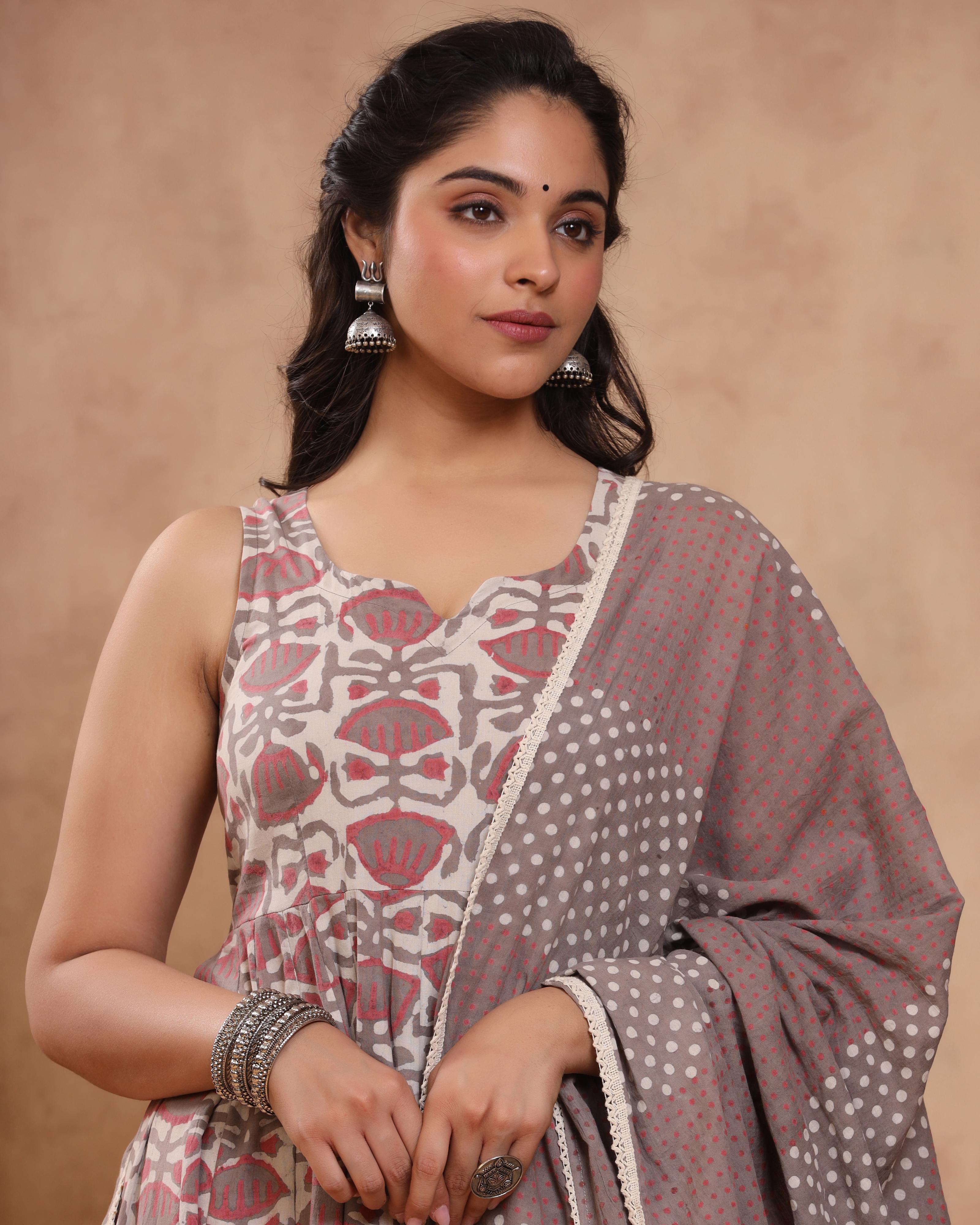 Beige And Grey Ethnic Printed Anarkali Suit