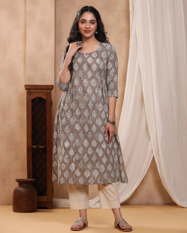 Kashish Dabu Hand Block Printed Cotton Gathered Kurti