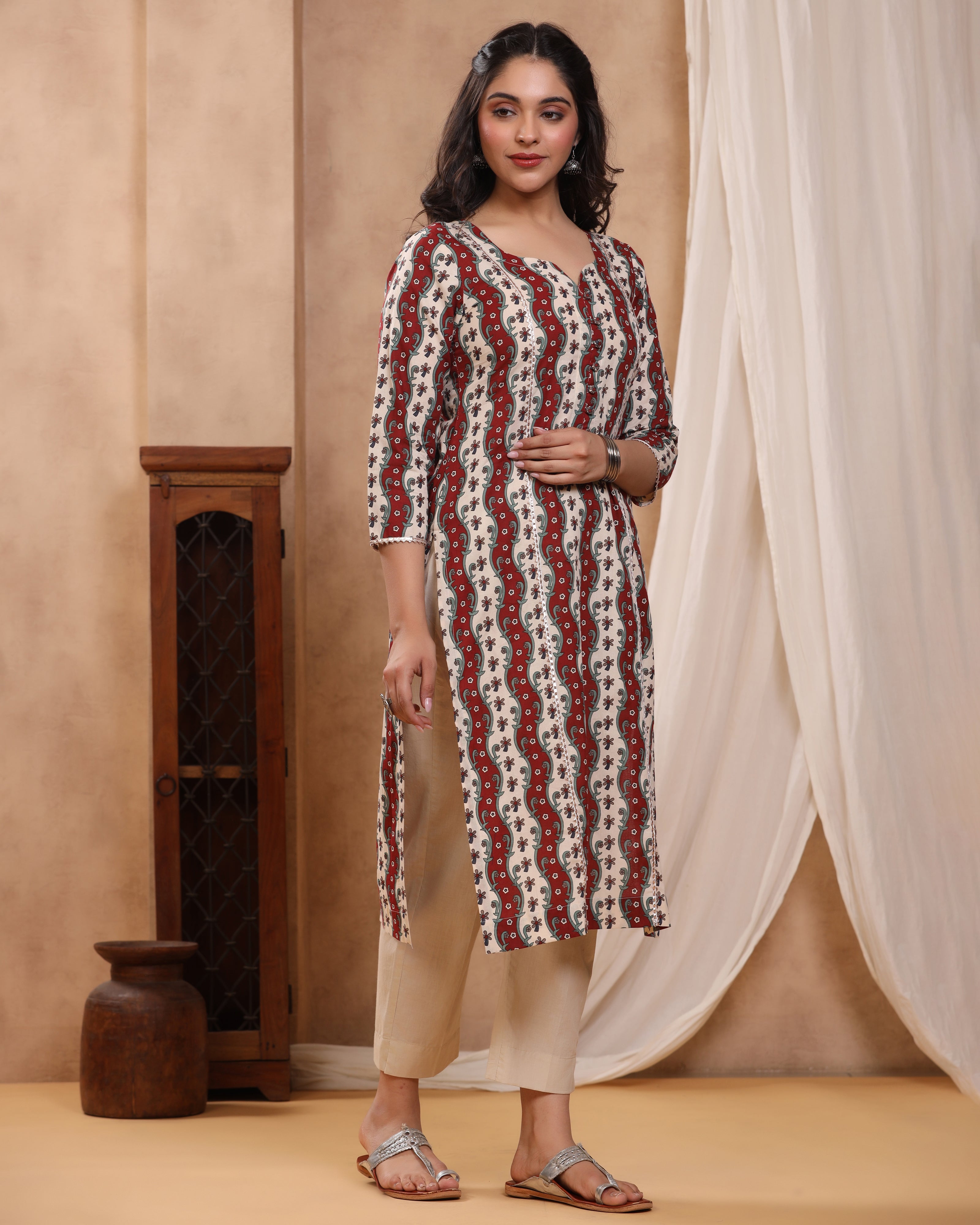 Honey Maroon Block print Kurti with Gota Lace