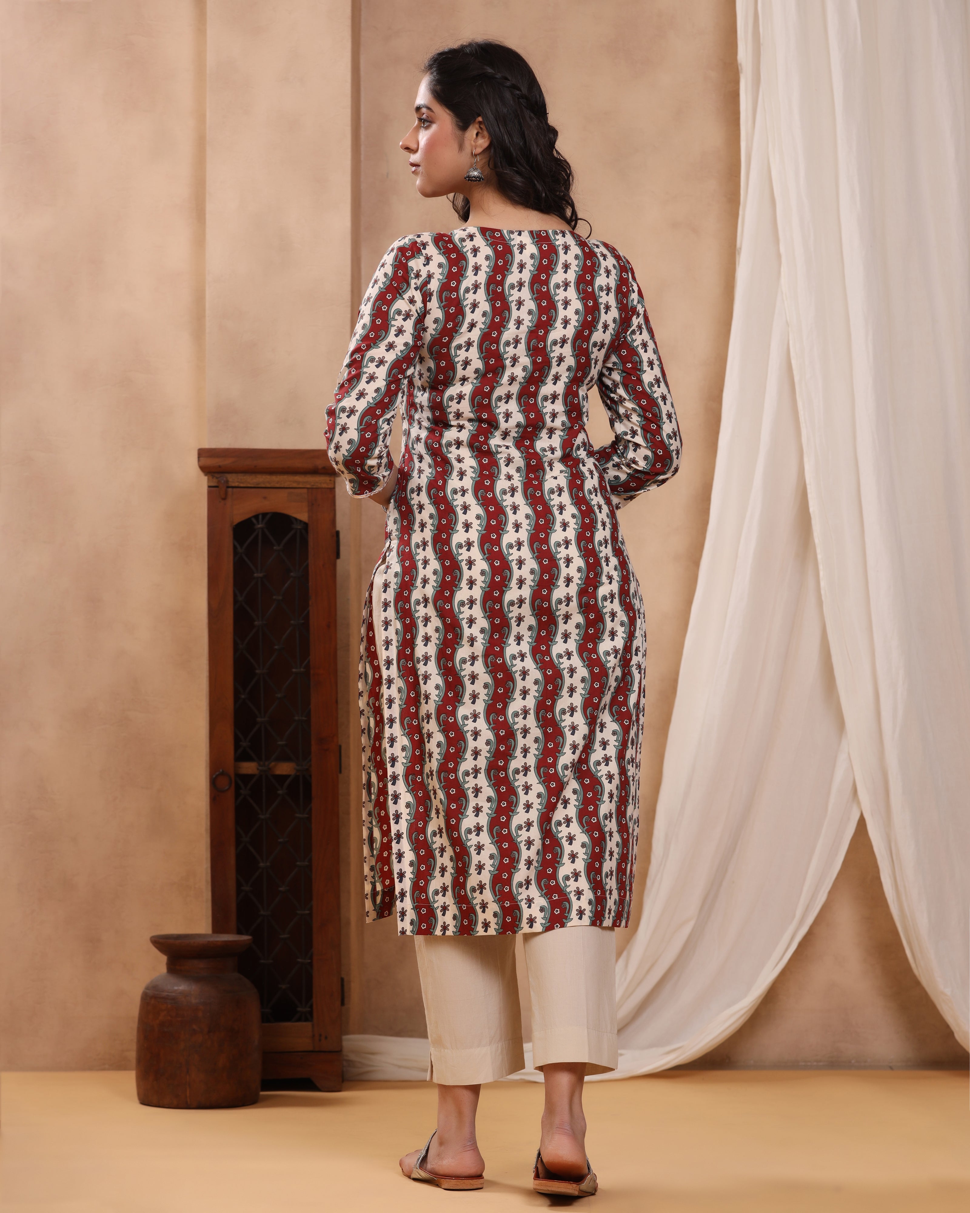 Honey Maroon Block print Kurti with Gota Lace
