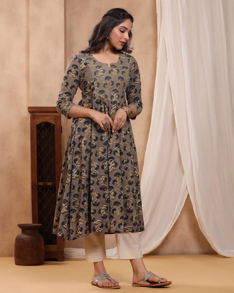 Kashish Indigo Dabu Hand Block Printed Cotton A-line Kurti