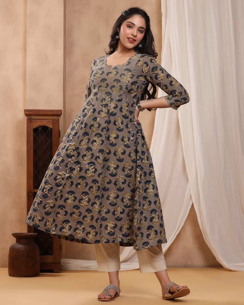 Kashish Indigo Dabu Hand Block Printed Cotton A-line Kurti